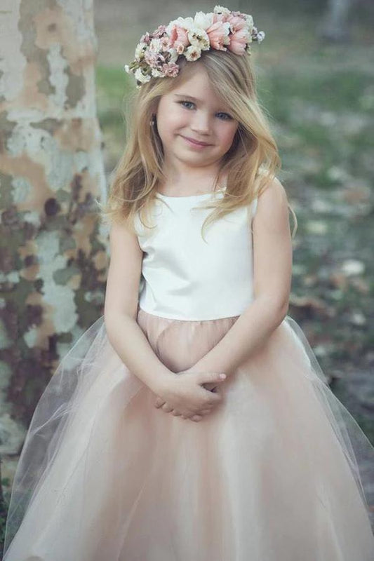 Stunning Sleeveless A Line Satin Bowknot Pink Flower Girl Dresses with Round Neck FG1009