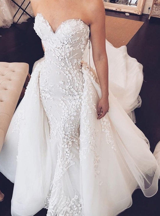 Sweetheart Mermaid Strapless Lace Appliques Wedding Dress with Detachable Train JS934