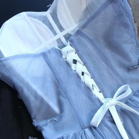 Sweetheart Strapless Homecoming Dresses Beads Blue Lace up Tulle Short Prom Dresses H1066