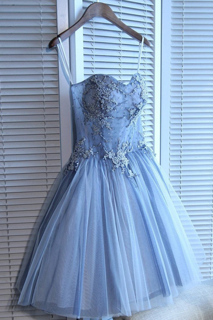 Sweetheart Strapless Homecoming Dresses Beads Blue Lace up Tulle Short Prom Dresses H1066