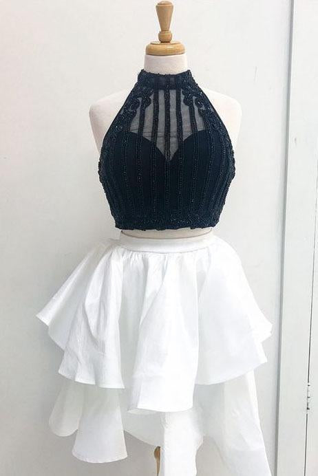 Two Piece High Neck Beads Red Sleeveless Tiered Homecoming Dresses Short Dresses RS868