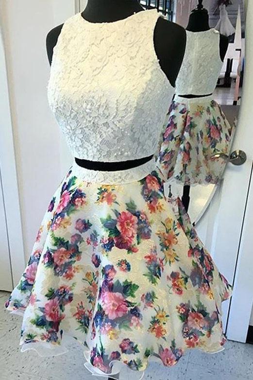 Two Pieces Ivory Beads Floral Print Lace Appliques Homecoming Dresses Cocktail Dress H1307