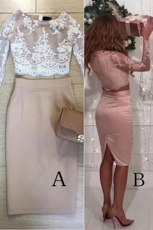 Two Pieces Long Sleeve Lace Knee Length Homecoming Dresses Sheath Short Prom Dress H1254