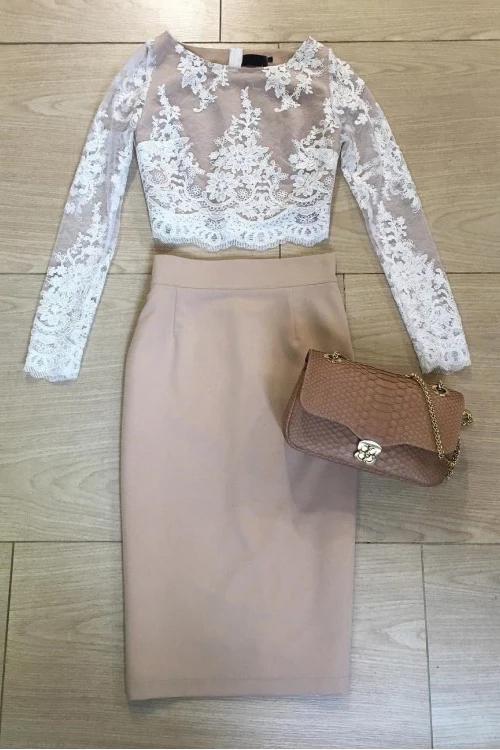 Two Pieces Long Sleeve Lace Knee Length Homecoming Dresses Sheath Short Prom Dress H1254
