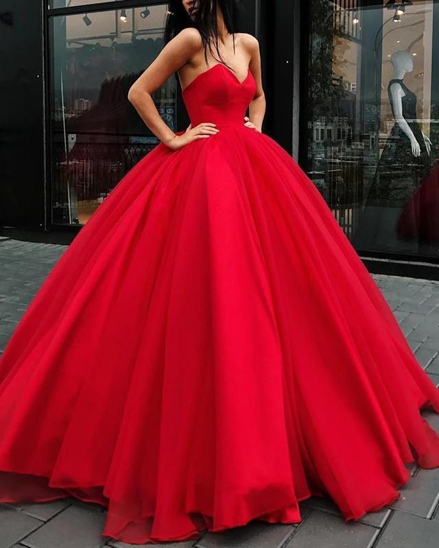 Unique Ball Gown Red Strapless Sweetheart Long Prom Dresses Quinceanera Dresses P1124