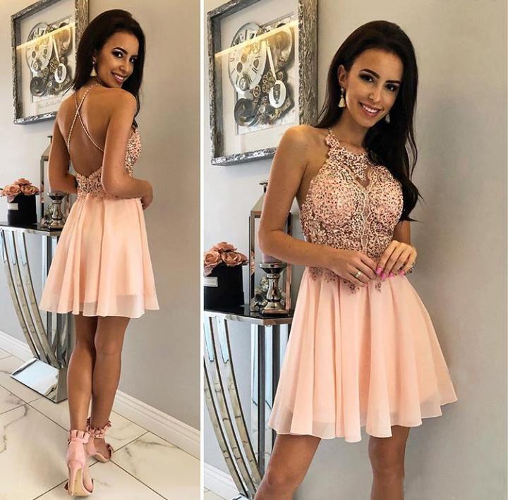 Unique Halter Chiffon Criss Cross Beads Short Sweet 16 Dresses Homecoming Dresses H1255