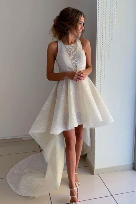 Unique Ivory Halter High Low Homecoming Dresses with Lace Short Prom Dresses H1095