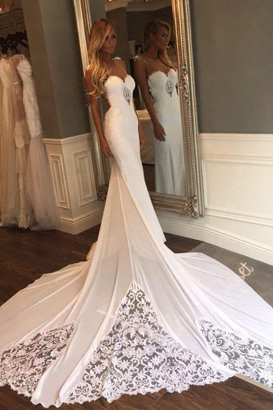 Unique Mermaid Sheer Neck Wedding Dresses with Lace, Unique Ivory Bridal Dresses PW920