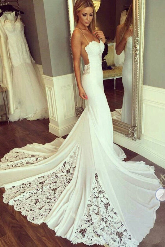 Unique Mermaid Sheer Neck Wedding Dresses with Lace Unique Ivory Bridal Dresses JS920