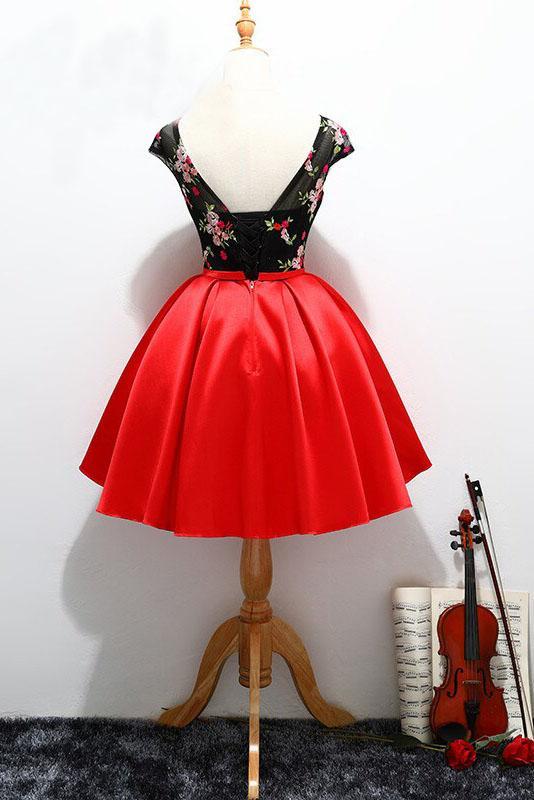 Unique Red Satin Cap Sleeves Scoop Belt Flowers Homecoming Dresses with Lace up H1233