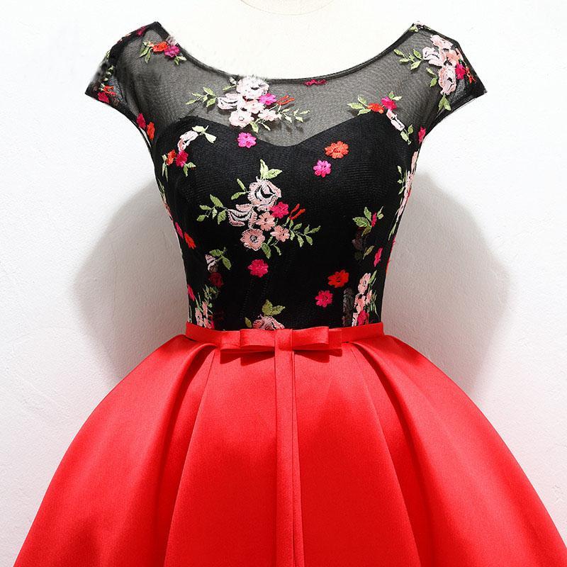 Unique Red Satin Cap Sleeves Scoop Belt Flowers Homecoming Dresses with Lace up H1233