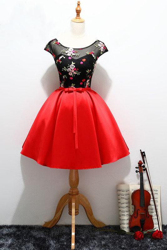 Unique Red Satin Cap Sleeves Scoop Belt Flowers Homecoming Dresses with Lace up H1233