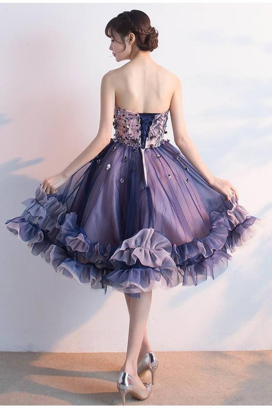 Unique Strapless Sweetheart Purple Sleeveless Homecoming Dresses with Flowers H1044