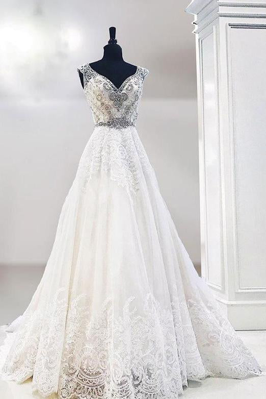 Unique V Neck Cap Sleeve Ivory Lace Beads Wedding Dresses, Beach Wedding Gowns PW997