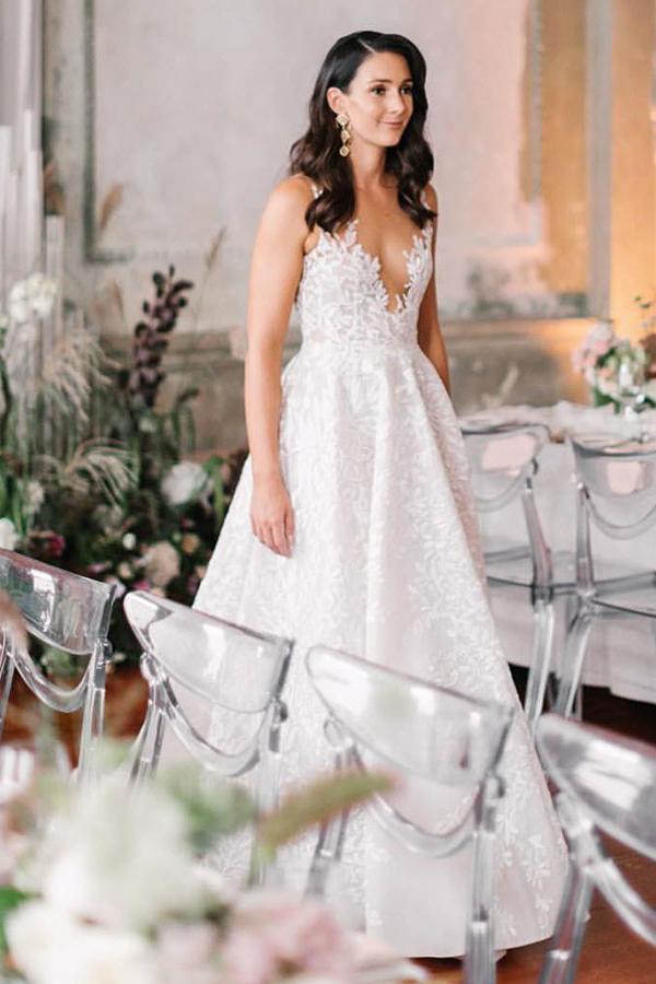 A Line Round Neck Floor Length V Neck Cheap Wedding Dress with Lace Appliques RS202