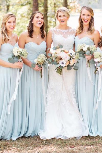 Simple A-Line Sweetheart Light Blue Long Spaghetti Straps Chiffon Bridesmaid Dress with Pleats RS266