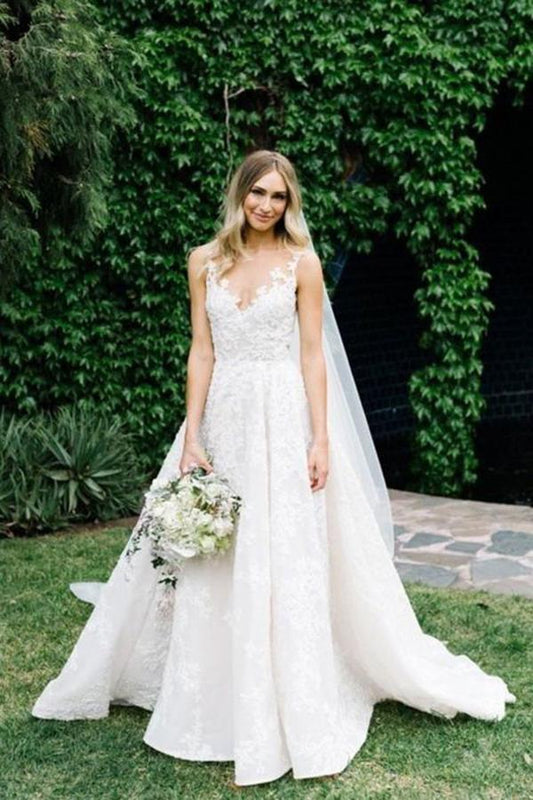 A Line Round Neck Floor Length V Neck Cheap Wedding Dress with Lace Appliques RS202