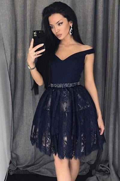 V Neck Navy Blue Straps Beads Lace Homecoming Dresses Short Prom Dresses H1185