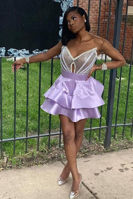 V Neck Purple Strapless Homecoming Dresses Satin Sequins Above Knee Short Prom Dress H1096