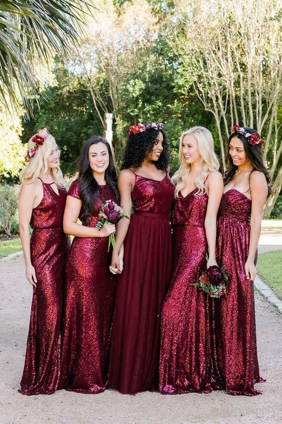 Vintage Burgundy Sequins Backless Long Prom Dresses Bridesmaid Dresses RS420