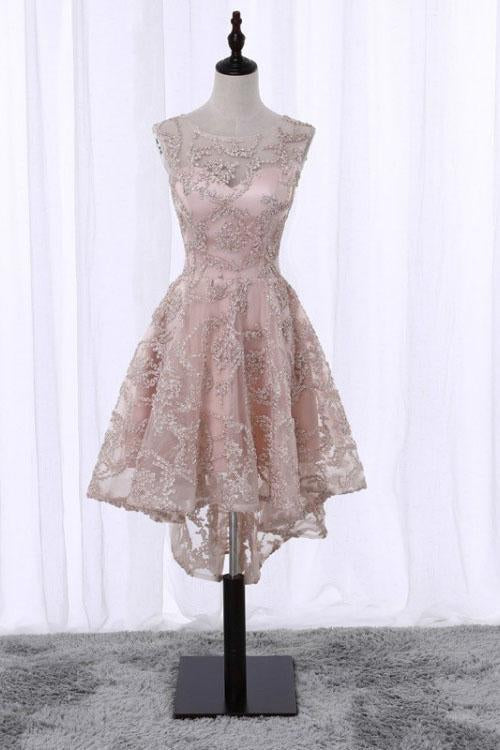 Vintage High Low Round Neck Lace Appliques Pink Homecoming Dresses with Straps H1193