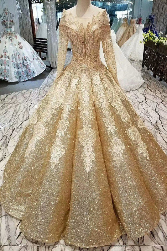 Ball Gown Gold Long Sleeves Lace Appliques Sequins Open Back Beads Quinceanera Dresses RS894