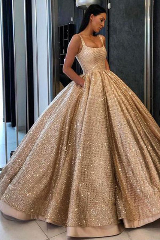 Ball Gown Prom Dress with Pockets Beads Sequins Floor-Length Gold Quinceanera Dresses RS724