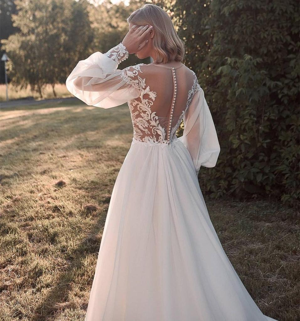 A-Line Long Sleeve Lace Appliques Tulle Wedding Dresses