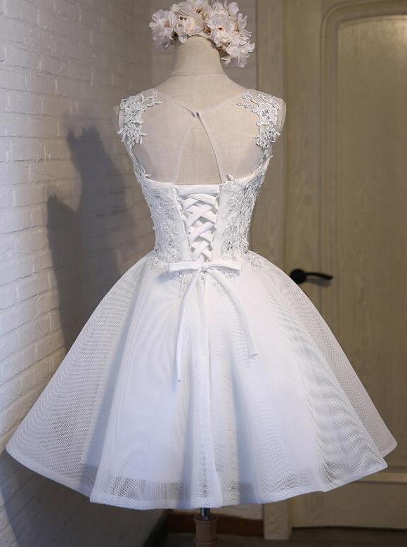 White Simple Graduation Dress Scoop Tulle Straps Homecoming Dresses with Lace up H1063