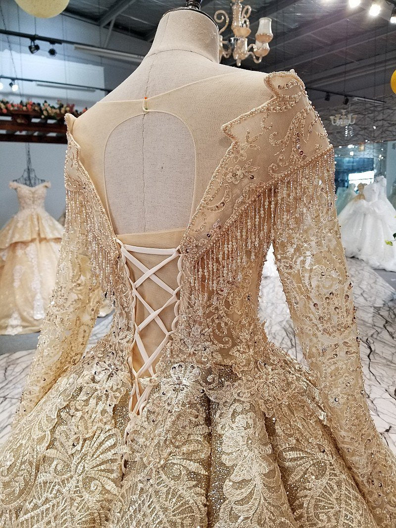 Ball Gown Gold Long Sleeves Lace Appliques Sequins Open Back Beads Quinceanera Dresses RS894