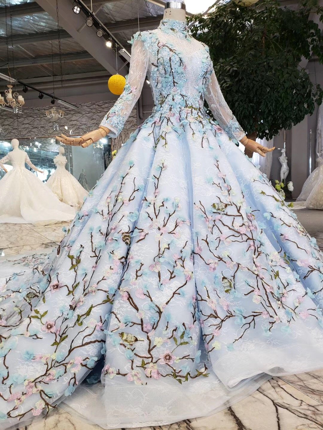 Stunning Light Blue Long Sleeve Wedding Dresses High Neck Quinceanera Dresses RS772