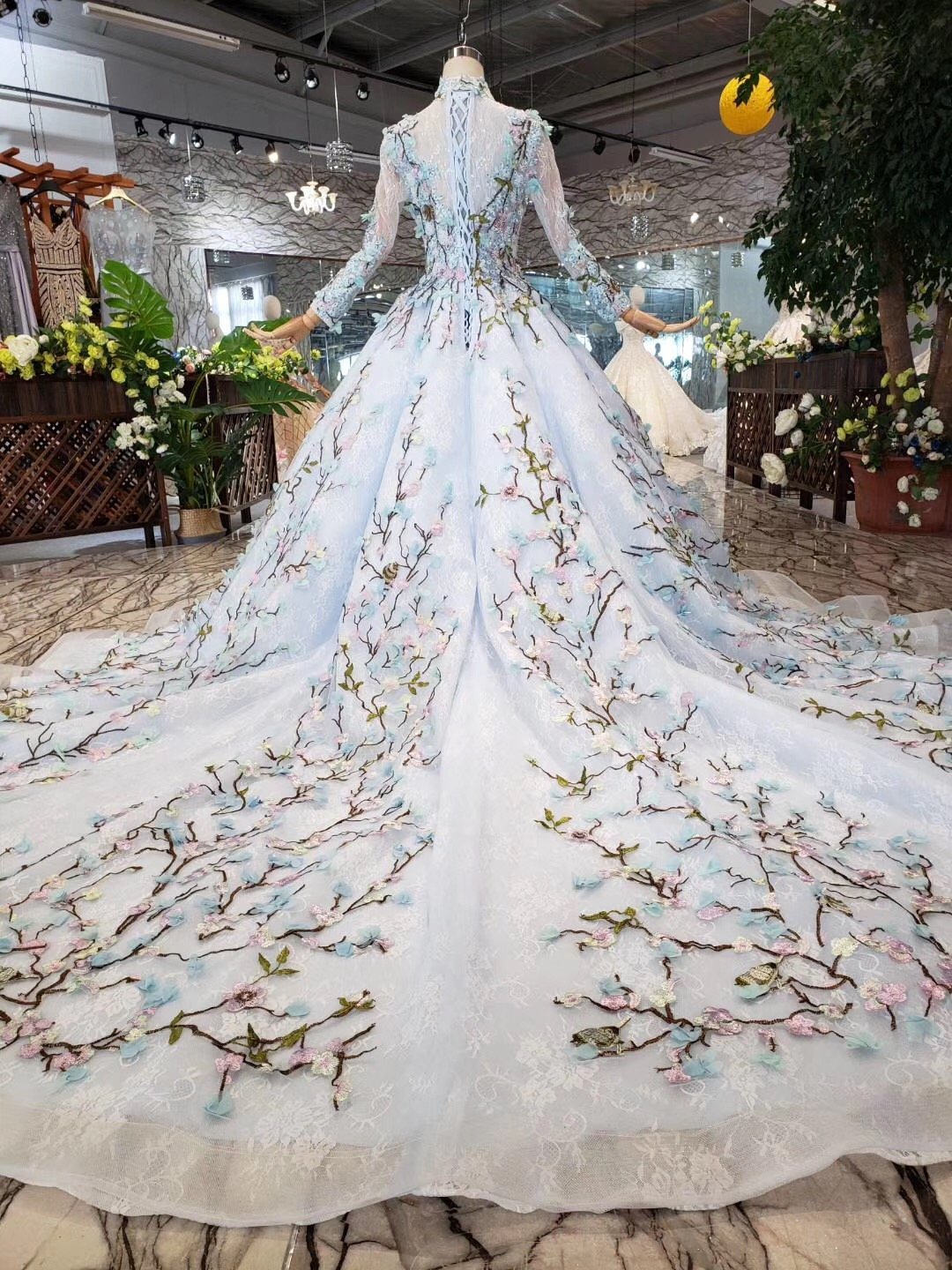 Stunning Light Blue Long Sleeve Wedding Dresses High Neck Quinceanera Dresses RS772