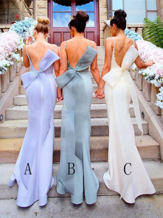 Appliqued Straps Mermaid with Bow Bridesmaid Dress