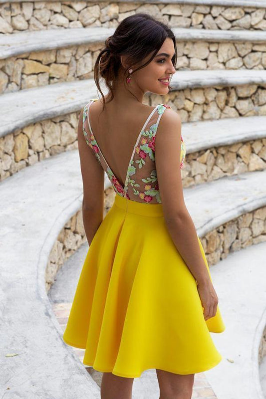 Yellow Floral Satin Illusion Back Daffodil V Neck Homecoming Dresses Short Cocktail Dresses H1338