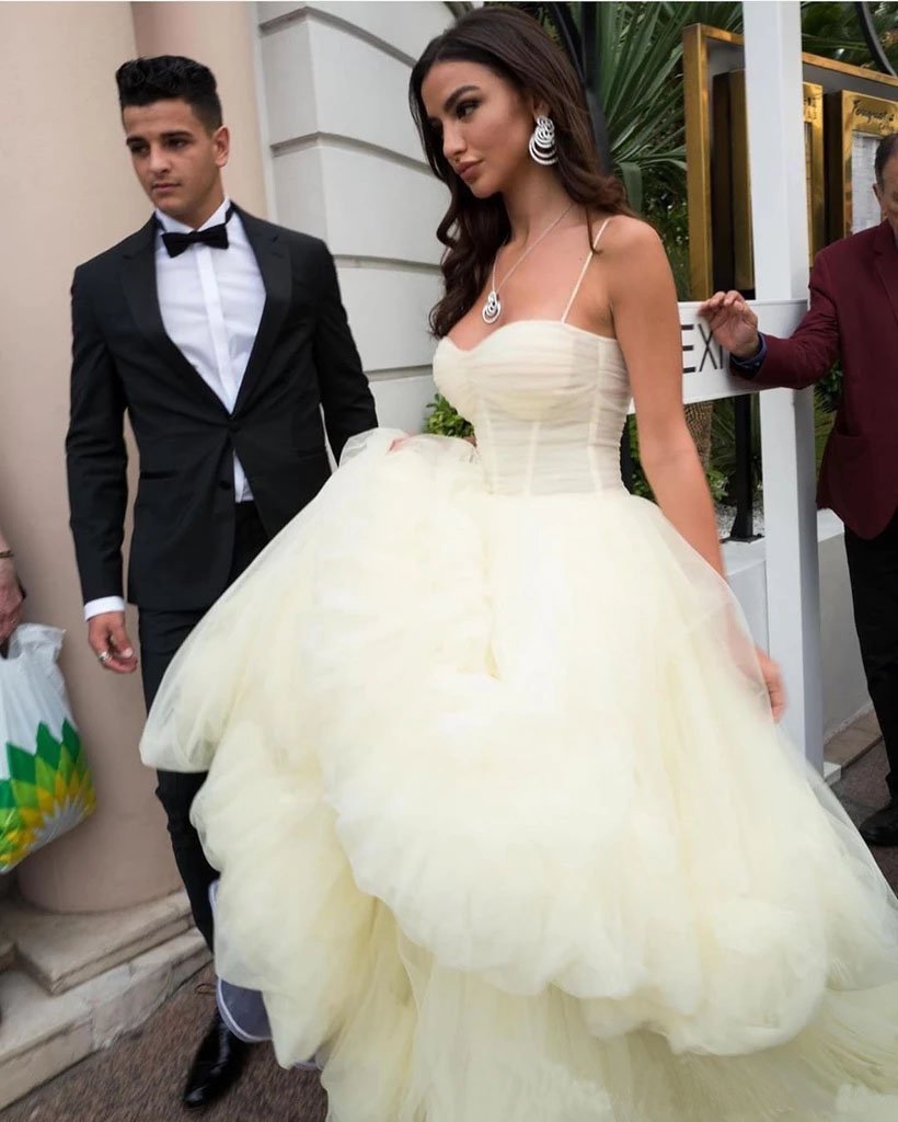 Princess A Line Spaghetti Straps Daffodil Layers Tulle Prom Dresses, Sweetheart Prom Gowns SRS15284