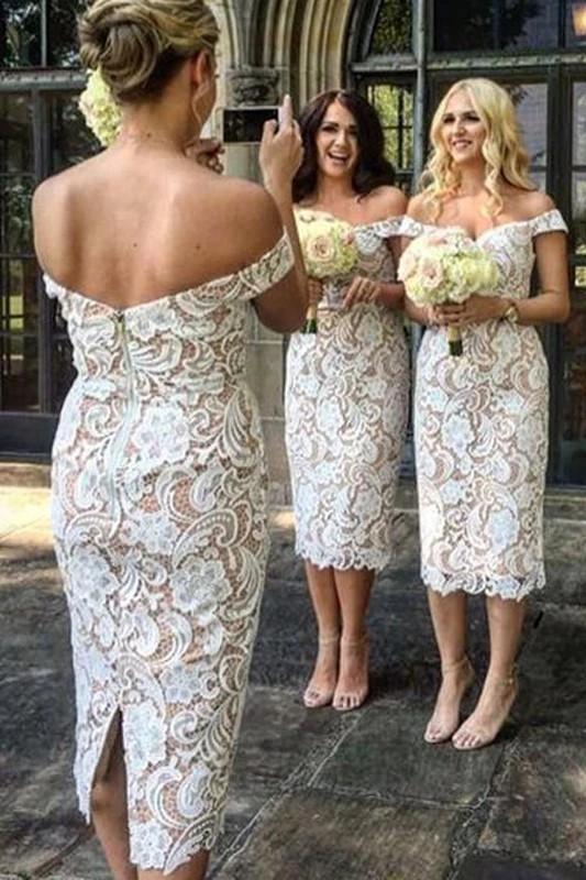 Unique Mermaid Off the Shoulder Ivory Lace Sweetheart Bridesmaid Dresses with Slit SRS15540