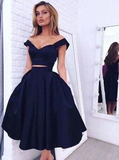 Vintage Style A-line Two-piece Off-the-shoulder A-line Dark Navy Homecoming Dress RS871
