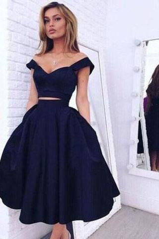 Vintage Style A-line Two-piece Off-the-shoulder A-line Dark Navy Homecoming Dress RS871