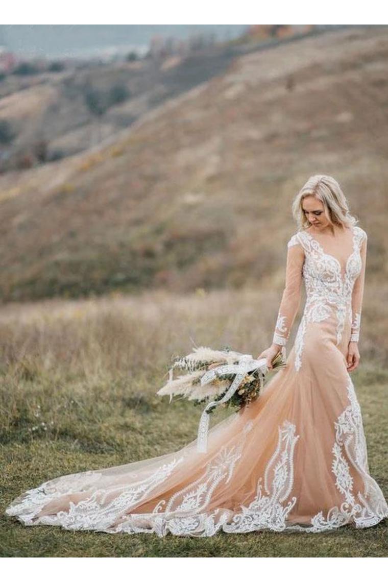 Long Sleeves Boho Wedding Dress With Appliques Mermaid SRSP22A7X4E