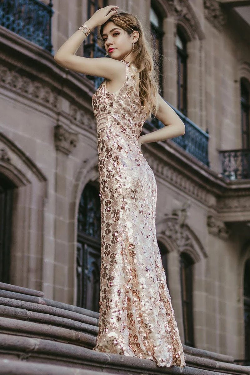 Sexy Mermaid Sequin V Neck Prom Dresses for Women V Back Pink Party Dresses SRS15340