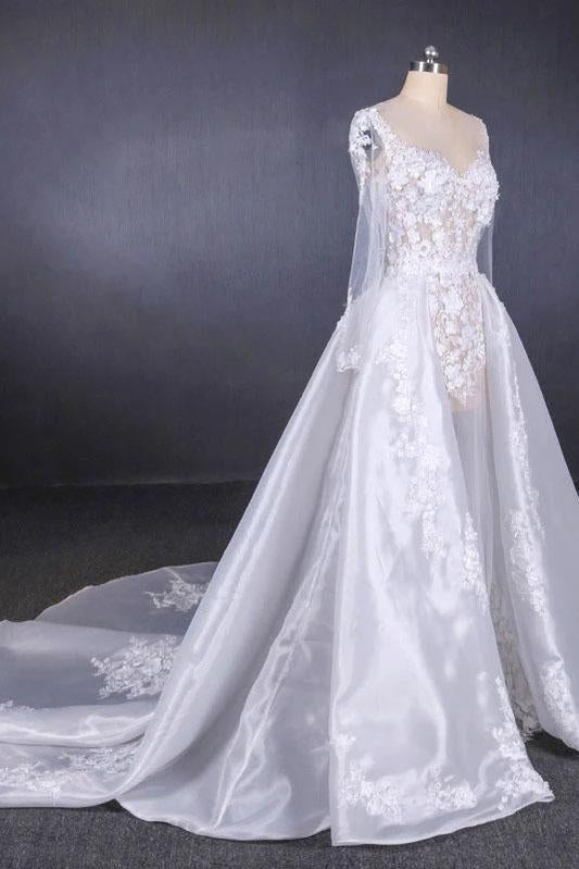 Long Sleeve Sweetheart White Bridal Dresses with Applique, Wedding Dresses SRS15250