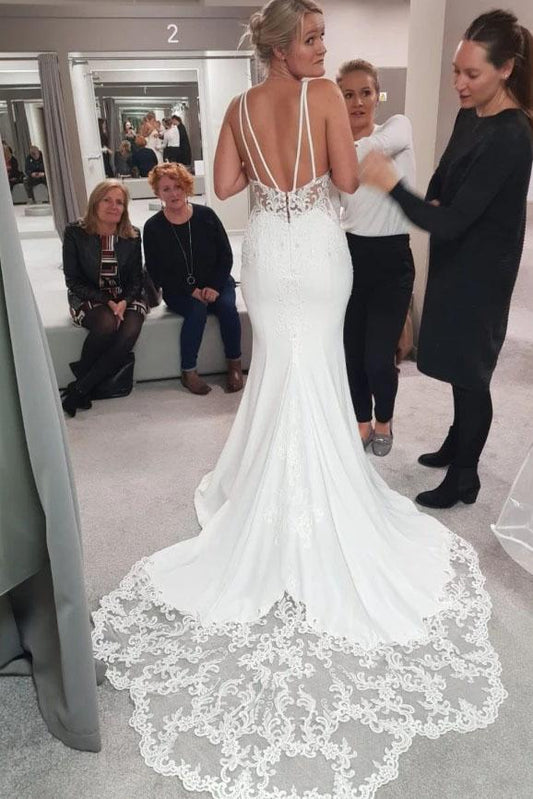 Charming Mermaid Straps V Back Lace Sweetheart Wedding Dresses, Long Wedding Gowns SRS15110