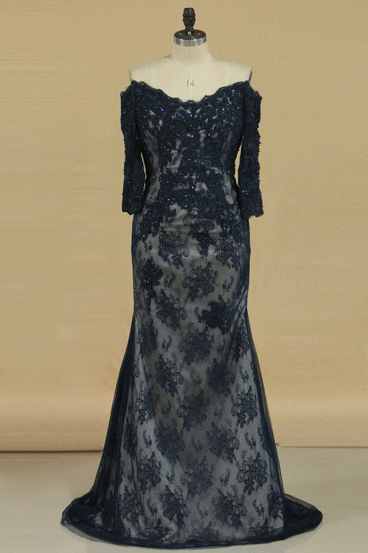 2024 Plus Size Mother Of The Bride Dresses Mermaid Mid-Length Sleeves With Applique & Beads Tulle