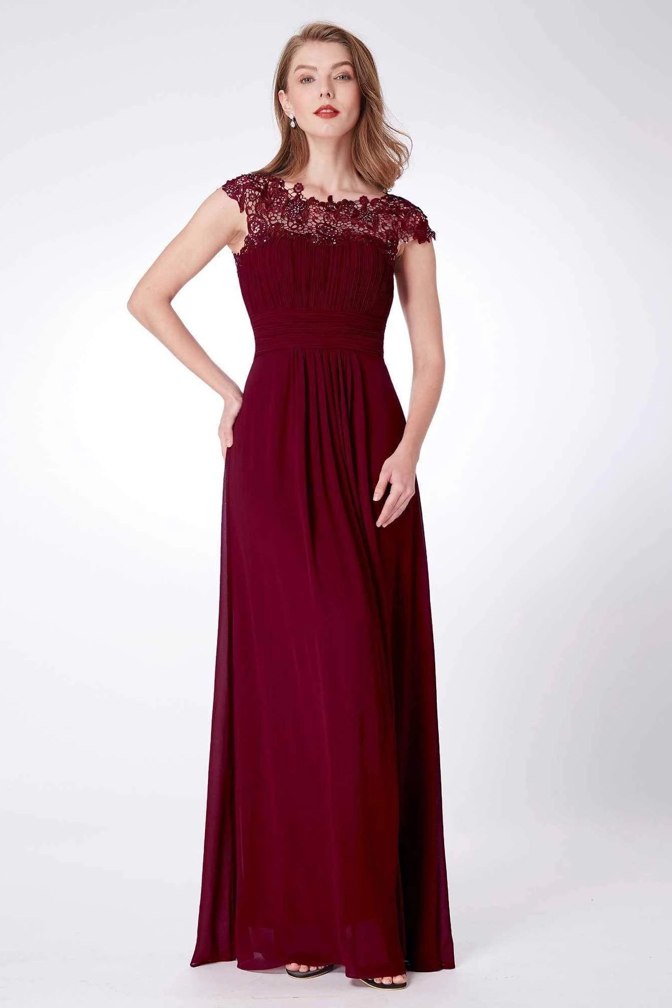 Elegant A Line Cap Sleeve Burgundy Lace Prom Dresses with Chiffon, Bridesmaid Dresses SRS15145