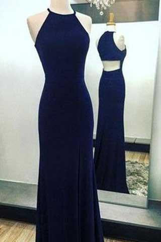 Sexy Navy Blue Long Chiffon Halter Mermaid Sleeveless Floor-Length Scoop Prom Dresses RS823