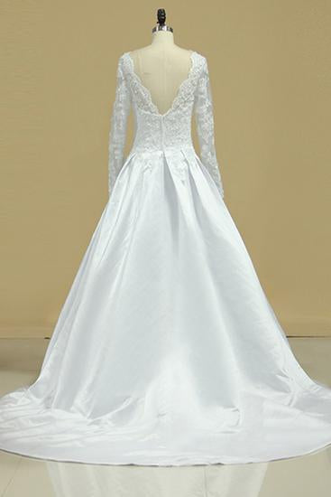 A Line Long Sleeves White Lace Appliques Satin Beads Open Back Wedding Dresses RS815