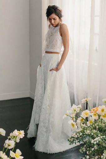 Two Piece Crew Sleeveless Sweep Train Open Back Ivory Lace Cheap Wedding Dresses uk PW206