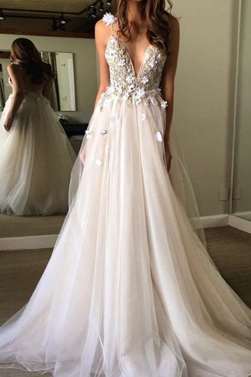 Sexy Spaghetti Straps V Neck A Line Tulle Ivory Backless Prom Dresses Wedding Dresses RS28