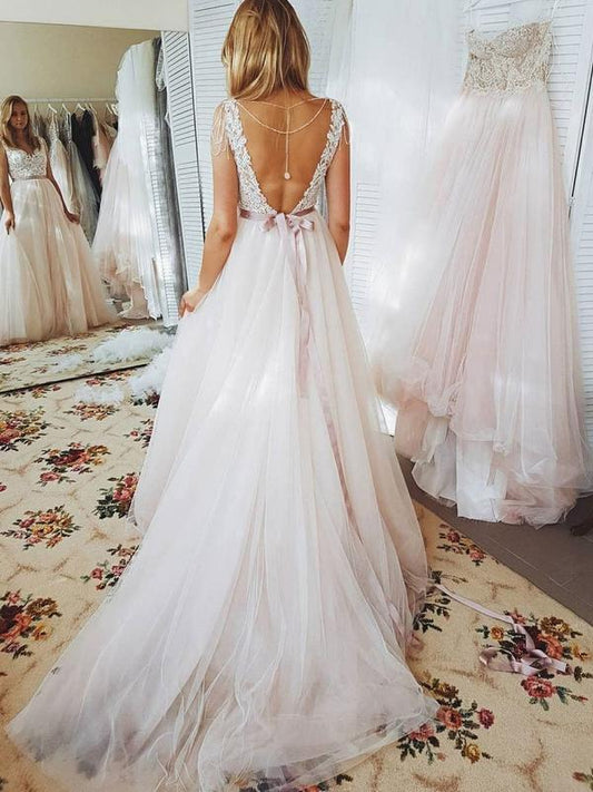 A Line Lace Bodice Open Back Pink Sweetheart Fitted with Sash Beach Wedding Dresses RS92