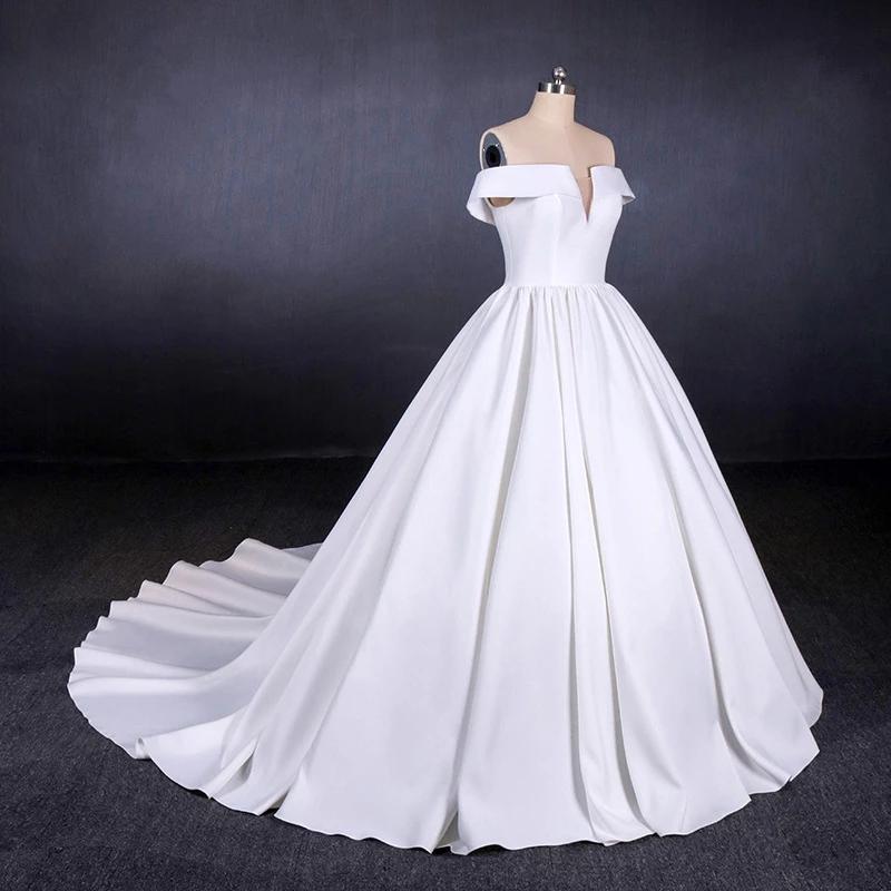Ball Gown Off the Shoulder White Satin Wedding Dresses, Simple Cheap Wedding Gowns SRS15065